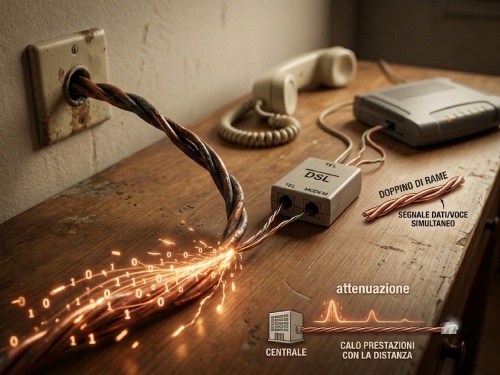 Dettaglio di un cavo telefonico in rame e un filtro ADSL