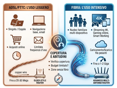 Grafica che confronta l'uso dell'ADSL con l'uso intensivo della fibra