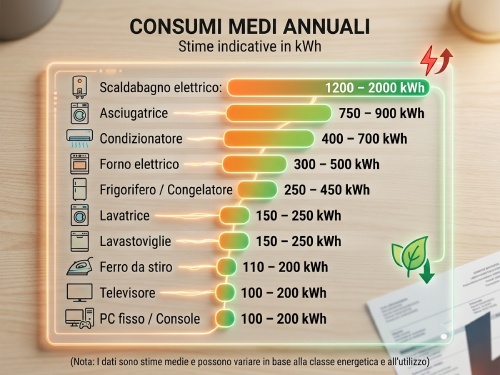 classifica dei consumi annui in kWh dei principali elettrodomestici