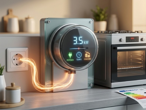 Misuratore di corrente digitale collegato a una presa di corrente con etichetta energetica