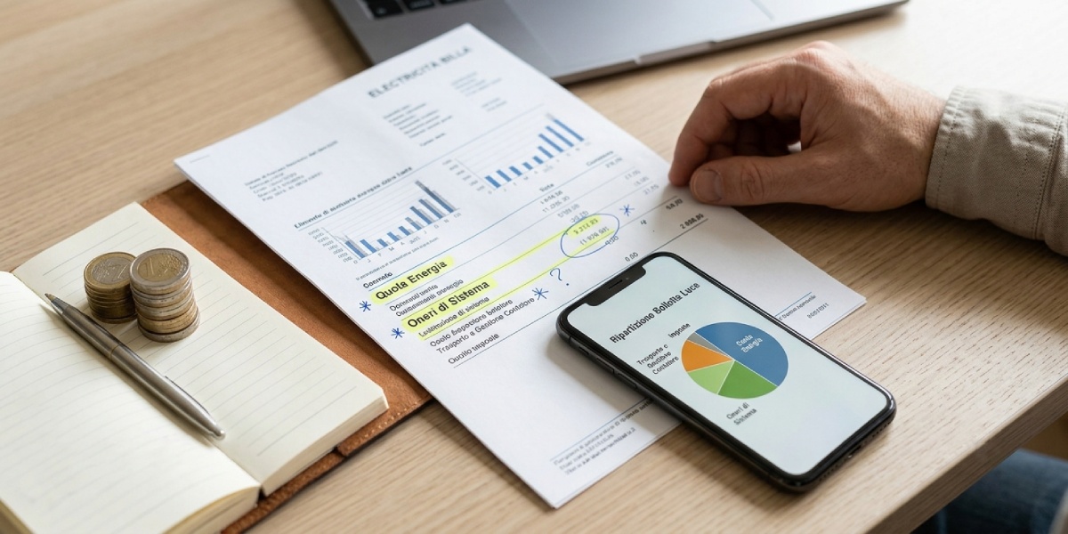 bolletta della luce con voci evidenziate, monete e grafico su smartphone
